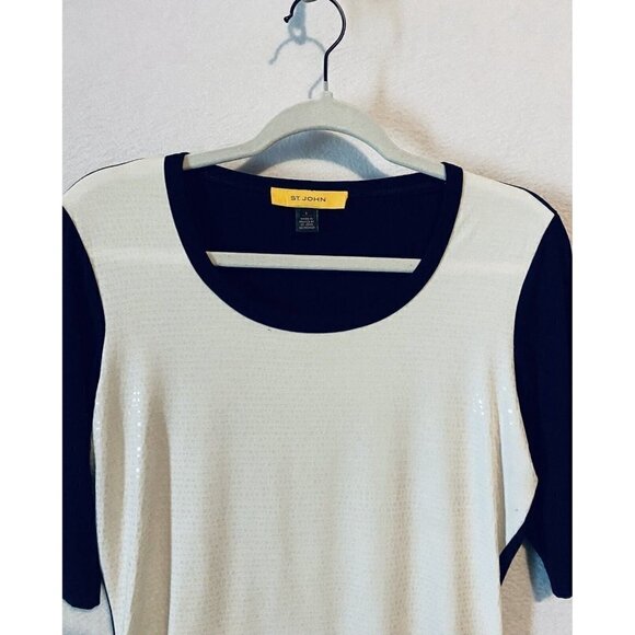 St John Top Womens Small Clear Sequin Front Scoop Neck Short Sleeve Ivory Black - Picture 2 of 7